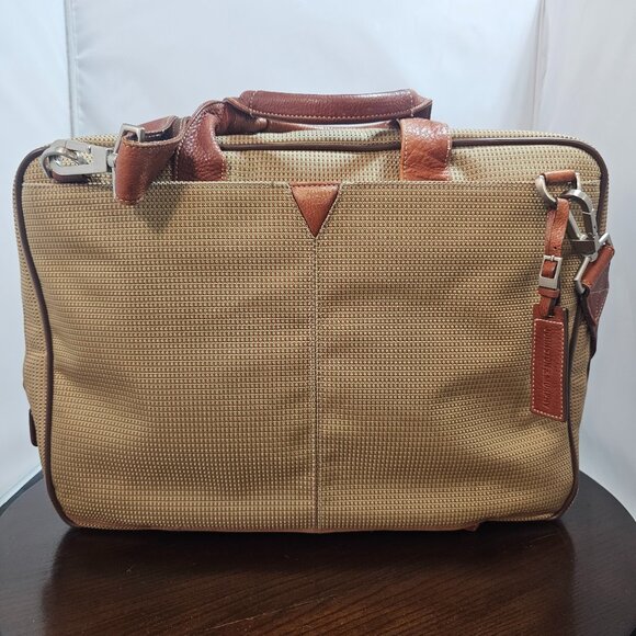 Johnston & Murphy Vintage Briefcase / Travel Bag Beige Canvas & Brown Leather - Picture 2 of 3